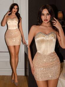 Poshira Women's Sequin Patchwork Faux Fishbone Sequins Strapless Cocktail Dress Bustier Dress Sexy Birthday Dress Champagne Dress Luxury Dress Women Dresses Champagne Rhinestone Dress Short Gold Dress Rhinestone Dress For Women Sexy Cocktail Dress Bling Dresses For Women - Champagne - View 1