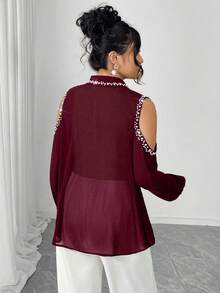 Elenzga Plus Size Faux Pearl Hollow Front Button Long Sleeve Shirt - Burgundy - View 2