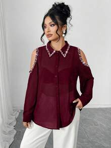 Elenzga Plus Size Faux Pearl Hollow Front Button Long Sleeve Shirt - Burgundy - View 8