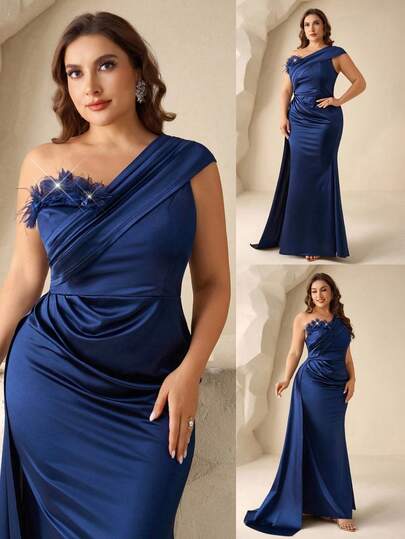 Coutiva Plus Size Elegant 3D Floral Decor Asymmetric Neckline Formal Evening Gown Modest Plus Size Formal Gown | Middle Eastern Spring Festival Wear Draped Satin Sash Detail Rich Navy Blue Hue Plus Size Inclusive Fit Draped Waist Detail One-Shoulder Design Luxury Satin Fabric Prom Plus Size Formal Gown Date Night Glam Plus Size Dress Middle Eastern Modest Wear Spring Formal Dinner Dress Middle Eastern Modest Plus Size Dress Plus Size Navy Blue Satin Evening Gown Draped Mermaid Formal  Satin Draped Maxi Royal Blue Plus Size Dress Plus Size Evening Gown Curve Formal Evening Gown Curve Plus Formal Dress Bridesmaid Dress Plus Size Plus Size Royal Blue Dress One Shoulder Formal Dress
