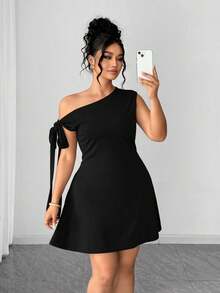 Elenzga Plus Size Women's Solid Color Asymmetrical Shoulder Short Dress - Black - View 5