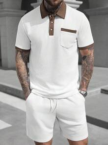 Manfinity CasualCool Men's Waffle Knit Polo Shirt And Shorts Set,White And Brown Contrast Collar 2 Piece Outfits,Summer Casual Vacation Old Money Style Sweatsuit For Men - Beige - View 3