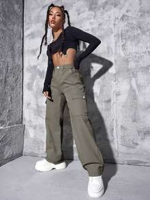 SHEIN ICON Celana Kargo Denim Washed Kasual Ukuran Besar dengan Pinggang Elastis - Hijau Tentara - View 4