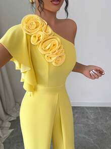GlowEve 春夏不对称荷叶边无袖连体裤，浅黄色，收腰设计，优雅花卉装饰，别致法式度假风女装，单肩连体裤，黄色优雅连体裤，黄色连体裤，女士黄色阔腿连体裤，女士连体裤，菲律宾风情花卉细节连体裤，女士正式连体裤，女士黄色连体裤 - 黃色 - 查看 5