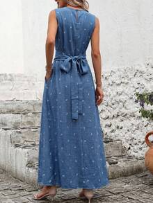 Solivie 女士植物图案圆领无袖休闲口袋连衣裙 - 藍色 - 查看 3