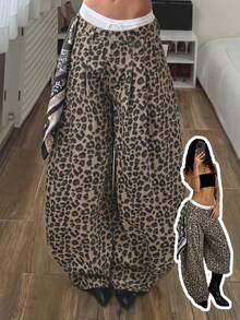 StreetHx Quần jeans ống rộng cạp thấp xếp ly phong cách đường phố thường ngày, họa tiết rằn ri. - Màu Khaki - Xem 7