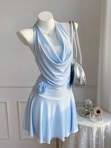 Comfortcana Women's Baby Blue Plunging Neck Contrast Lace Mini Dress,Summer Elegant Tea Party Wedding Guest Gown,Special Occasion Graduation Vacation Outfits - Blue - View 6