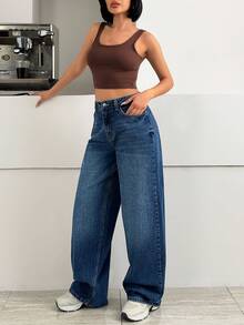 SHEIN LOW WAIST WIDELEG DARK BLUE WASH STREET WEAR JEAN CASUAL - Dark Wash - View 5