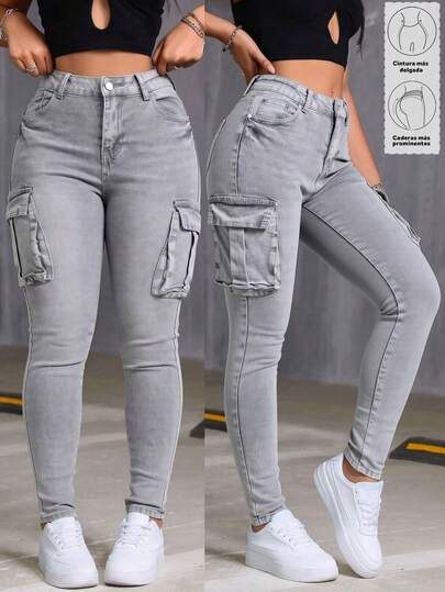 Jeans Cargo Ajustados con Elasticidad de Cintura Media de Varios Colores para Mujer, Pantalones que Levantan las Nalgas