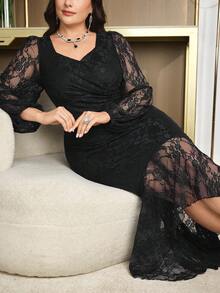Modelyn Vestido elegante de manga larga con cuello de corazón, ajustado, con volantes en el bajo, de unicolor, talla grande - Negro - Ver 3