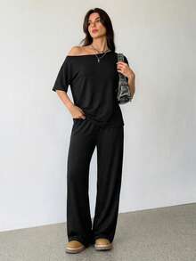 SHEIN Tall 女士夏季极简街头风基础日常穿搭外出运动舒适露肩T恤和阔腿运动裤两件套，秋季 - 黑色 - 查看 7