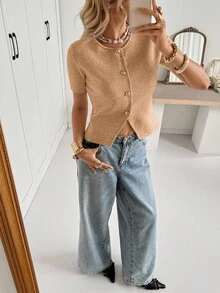 Siren Gaze Áo khoác cardigan ngắn tay cài nút dáng thường ngày dành cho nữ - Màu be - Xem 4