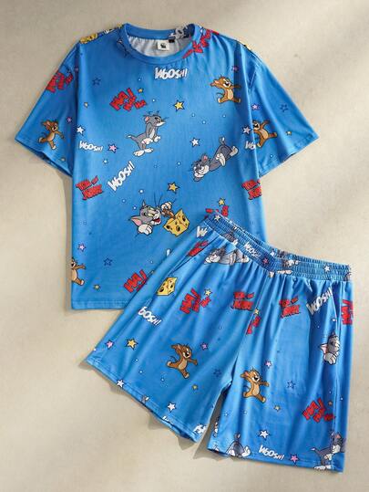 TOM & JERRY X SHEIN Men's Cartoon Print Round Neck Short Sleeve Top And Elastic Waist Shorts Pajama Set