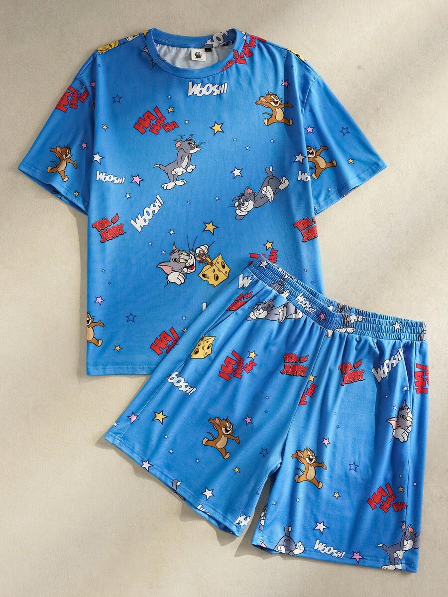 TOM & JERRY X SHEIN 男士卡通印花圆领短袖上衣和松紧腰短裤睡衣套装 - 藍色 - 查看 1