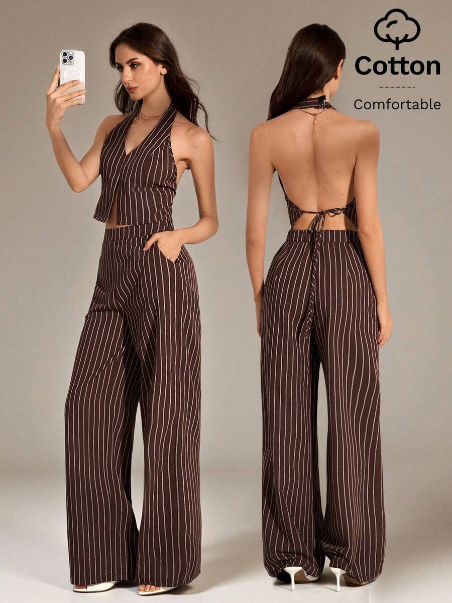 SHEIN Tall 咖啡棕色条纹OL V领露背无袖上衣+阔腿裤，显瘦修长套装，棕色条纹两件套，条纹阔腿裤，无袖吊带上衣，吊带上衣和裤子套装，女士阔腿裤套装 - 咖啡棕 - 查看 1