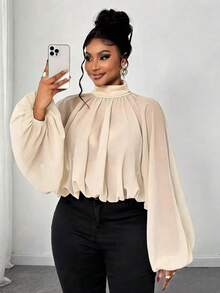 Maweii Plus Size Solid Color Turtleneck Lantern Sleeve Fashionable Cropped Shirt - Apricot - View 1