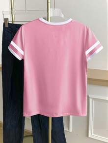 Resyla Plus Size Colorblock Minimalist Round Neck Short Sleeve T-Shirt - Pink - View 2