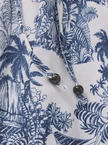 GlowEve Pantalones rectos de cintura alta con cordón, estampado de plantas, informales y cómodos para vacaciones - Azul y blanco - Ver 4