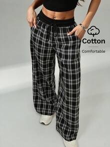 SHEIN PETITE Pantalones anchos de pierna ancha a cuadros casuales y sueltos para mujer - Blanco y Negro - Ver 7