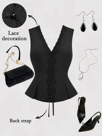 GlowEve CURVE Blazer casual negro delgado y versátil para mujer de talla grande, con cuello en V, sin mangas, cintura ceñida, bajo plisado y parches de encaje, elegante y apropiado para el trabajo, verano