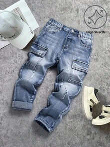 Toddler Boys' Casual Elastic Washed Blue Denim Jeans, Comfortable & Versatile - Blue - View 1