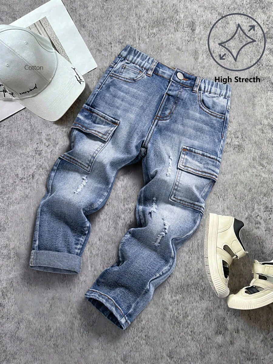 Toddler Boys' Casual Elastic Washed Blue Denim Jeans, Comfortable & Versatile - Blue - View 1