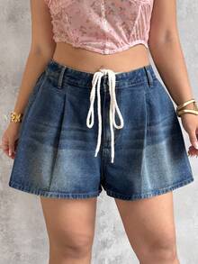 Sunnyshic Plus Size Women High Waist Loose Drawstring Denim Shorts - Blue - View 6