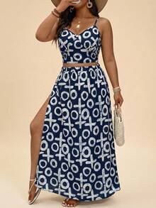 Levarali Plus Size Women All-Over Print Camisole Top And Split Hem Skirt 2 Pieces Set, Fashionable For Party - Blue and White - View 3