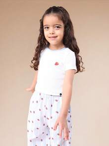 Girls Strawberry Print Set Short Sleeve Tee And Wide Leg Palazzo Pants Summer   Coord Outfit - White - View 3
