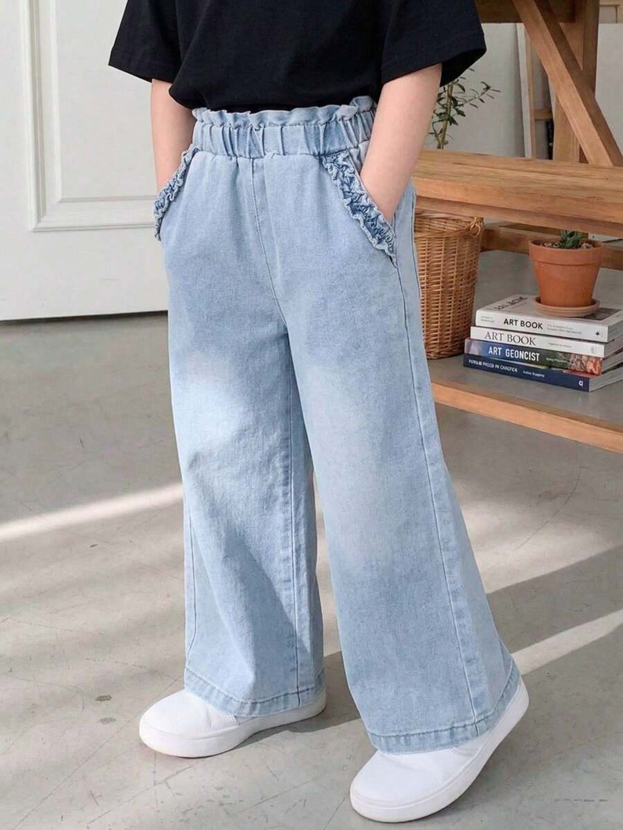 SHEIN One Piece Little Girls 2026 Spring Summer New Light Gray Washed Elastic Waist Ruffle Loose Wide Leg Denim Long Pants Young Girl High Waist Design Young Girl Denim Pants Casual Comfort Versatile Chic Summer Thin Elastic Waist Ruffle Wide Leg Denim Long Pants Jeans For Kids Wide Leg Pants For Kids Baggy Jeans For Girls Toddler Jeans