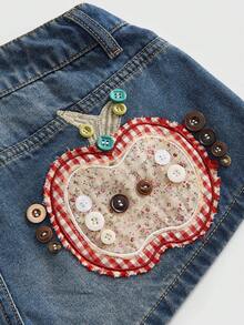 ROMWE Kawaii 复古可爱格子苹果刺绣超低腰迷你牛仔短裤 - 藍色 - 查看 2