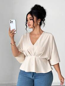 Elenzga Plus Size Women Casual Pleated Design Batwing Short Sleeve Blouse - Apricot - View 1