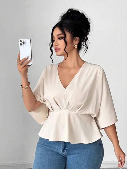 Elenzga Blusa casual de manga corta con diseño de pliegues y mangas de murciélago para mujer de talla grande