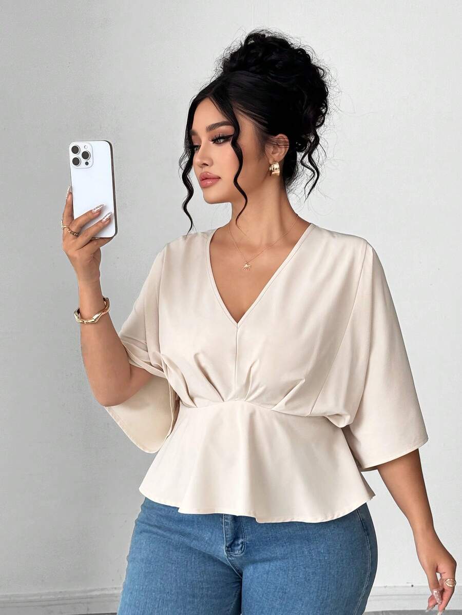 Elenzga Plus Size Women Casual Pleated Design Batwing Short Sleeve Blouse - Apricot - View 1