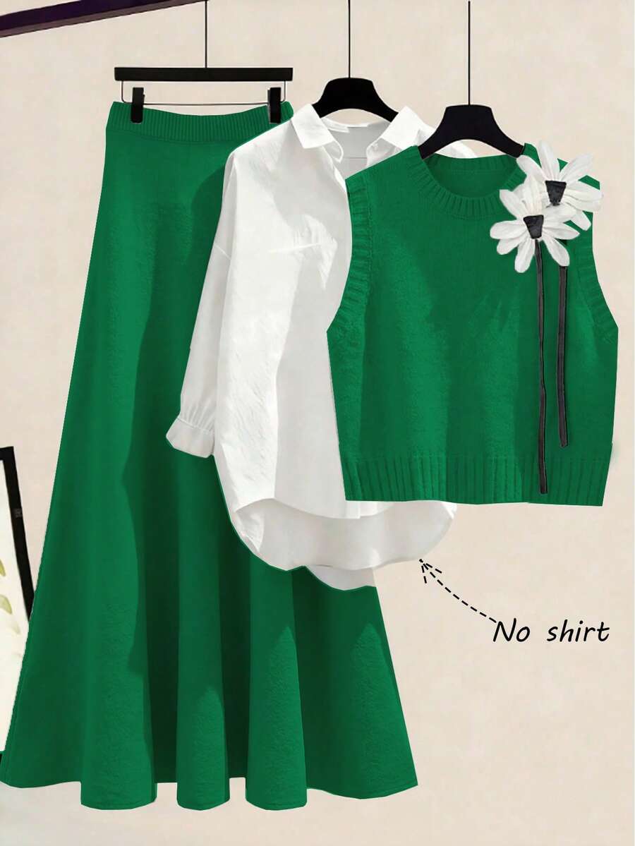 Franclia 秋冬新款宽松碎花圆领无袖针织背心搭配碎花灰色A字针织中长裙，女士两件套毛衣套装 - 綠色 - 查看 1