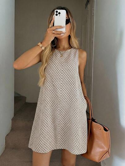 Easowa Round Neck Slant Pocket A-Line Sleeveless Dress, Geometric Repeating Print, Casual Relaxed Elegant Commute Vintage Style Summer Dress For Women