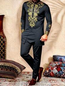 Manfinity RSRT Men's Retro Printed Shirt And Pants Set - Dark Grey - View 1