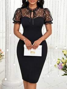 SHEIN Lady Women's Mesh Patchwork Petal Sleeve Ruffle Tie Neck Fitted Midi Dress - Black - View 1