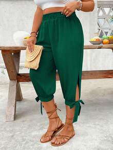 EMERY ROSE Plus Size Women Cinched Waist Casual Dual-Tone Pants - Dark Green - View 3
