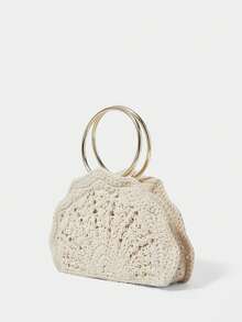 SHECARRY Bolso de mano de mujer tejido de moda, bolso de mano en forma de abanico hueco en beige - Beis - Ver 2