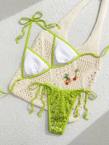 Bonvoyette Nuevo conjunto de dos piezas de traje de baño de verano con lentejuelas luminosas, bordado de peces oceánicos, corte alto con lazos laterales, copa triangular y color verde fosforescente de moda para todos - Verde - Ver 4