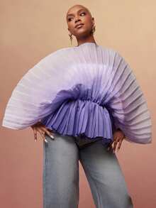 Vixey 薄纱高领长袖荷叶边下摆褶裥纹理欧根纱上衣 - 彩色 - 查看 1