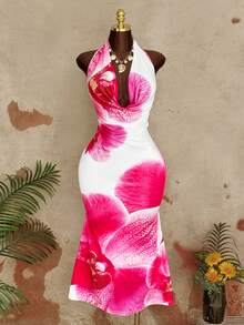 Sunspun Plus Size Vacation Style Ruffled Collar Cinched Waist Bodycon Dress - Multicolor - View 3