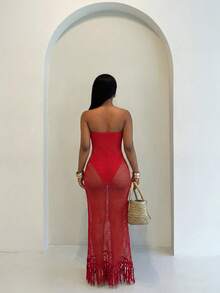 SHEIN BamGlam 女士沙滩夏季钩编网纱流苏下摆连衣裙，假两件式设计，连体裤搭配性感透明网纱无肩带连衣裙，适合夏季沙滩度假 - 紅色 - 查看 2