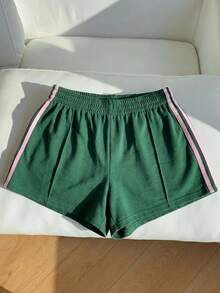 SHEIN Comfortcana Plus Size Casual Sports Style Retro American College Ribbed Shorts Shorts With Stripes Green Festival Athletic Shorts Casual Shorts For Women Green Shorts Women Shorts Teal - Green - View 12