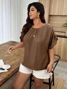 SHEIN LUNE 大码女式春夏圆领褶皱袖宽松休闲衬衫 - 棕色 - 查看 5