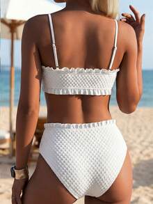 Swim Lushoire 两件套女士夏季沙滩度假纯色提花波点吊带珍珠纽扣黑色蕾丝边上衣和高腰黑色蕾丝边比基尼套装荷叶边比基尼套装高腰泳衣套装女士两件套泳衣沙滩两件套贝壳比基尼女士两件套泳衣女士泳衣两件套女士夏季套装两件套女士度假套装女士夏季套装 - 白色 - 查看 2
