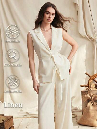 Zovinel Bộ áo blazer không tay và quần ống rộng dành cho nữ, kiểu dáng thường ngày, có thắt lưng điều chỉnh được, thích hợp cho mùa xuân/hè.