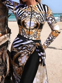 Swim Mulvari Middle Eastern Style Printed Chiffon Dress, Women's 3 Pieces Set Including Long Sleeve Burkini, Summer - Multicolor - View 5