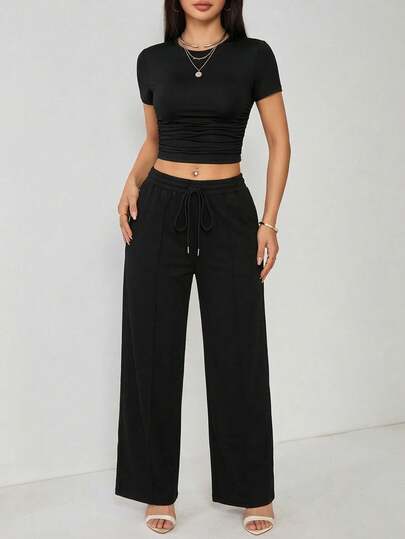 SHEIN PETITE Women's Solid Color Round Neck Short Sleeve T-Shirt And Drawstring Waist Wide Leg Pants Casual 2-Piece Set